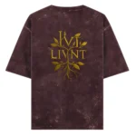 LIVNT Roots Acid Wash Oversized Tee in rich maroon, with golden botanical logo