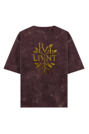 LIVNT Roots Acid Wash Oversized Tee in rich maroon, with golden botanical logo