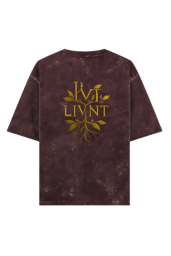 LIVNT Roots Acid Wash Oversized Tee in rich maroon, with golden botanical logo