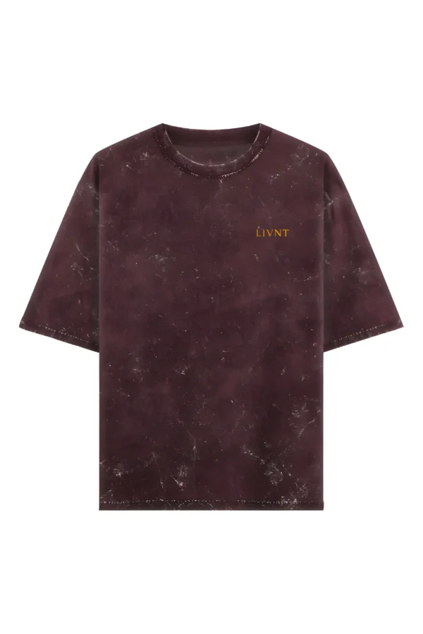 Maroon acid-washed unisex oversized tee with LIVNT golden botanical logo