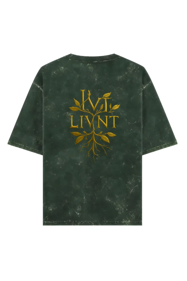Bottle green acid-washed unisex oversized tee with LIVNT golden botanical logo