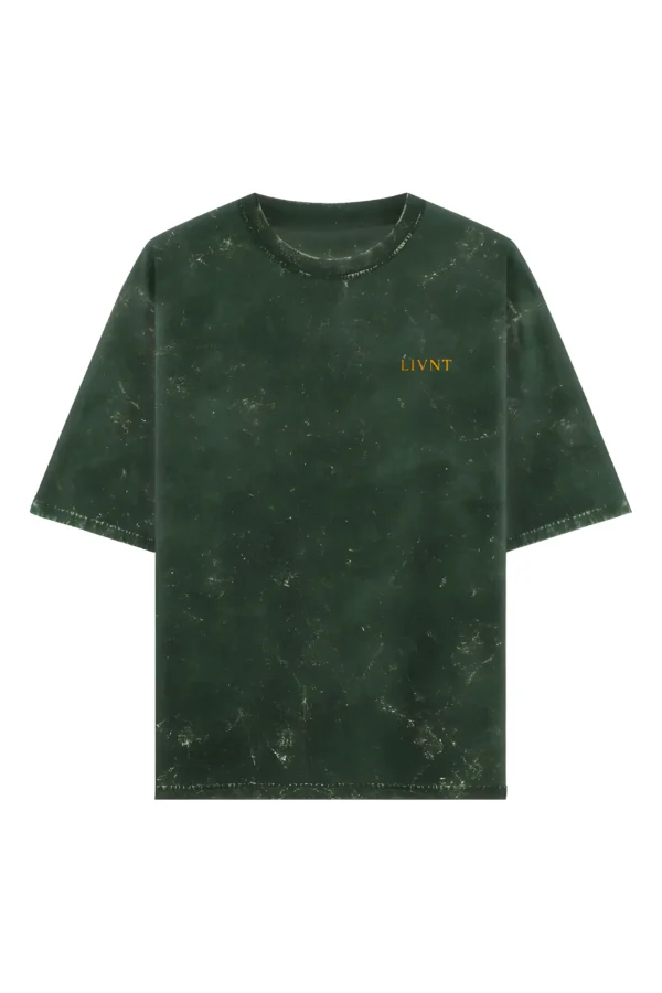 LIVNT Roots Acid Wash Oversized Tee in deep bottle green, with golden botanical logo.