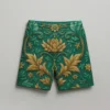 Baroque floral print unisex luxury mesh shorts laid flat on a neutral background