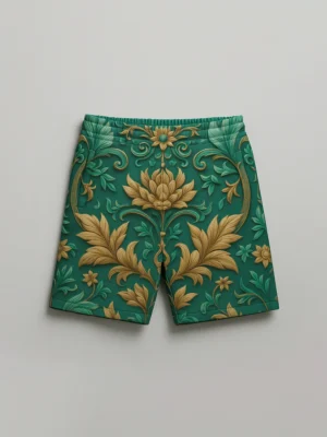 Baroque floral print unisex luxury mesh shorts laid flat on a neutral background