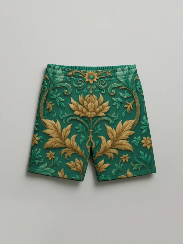 Baroque floral print unisex luxury mesh shorts laid flat on a neutral background