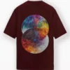 Maroon oversized t-shirt with vibrant double circular mosaic art on the back, made from 240 GSM cotton for unisex streetwear comfort.