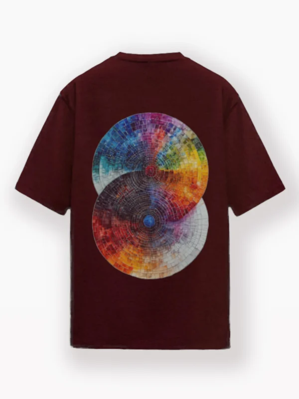 Maroon oversized t-shirt with vibrant double circular mosaic art on the back, made from 240 GSM cotton for unisex streetwear comfort.