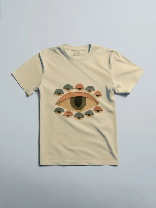 Beige unisex T-shirt with abstract eye graphic print in earthy tones – All-Seeing Gaze Tee by LIVNT