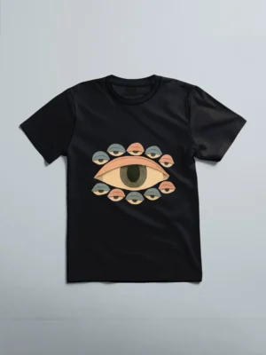 Black unisex T-shirt with artistic eye graphic print in muted tones – All-Seeing Gaze Tee by LIVNT