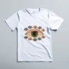 White unisex tee featuring a central artistic eye print with muted color accents – All-Seeing Gaze Tee by LIVNT
