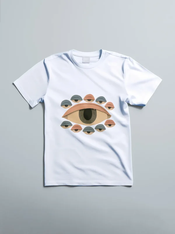 White unisex tee featuring a central artistic eye print with muted color accents – All-Seeing Gaze Tee by LIVNT