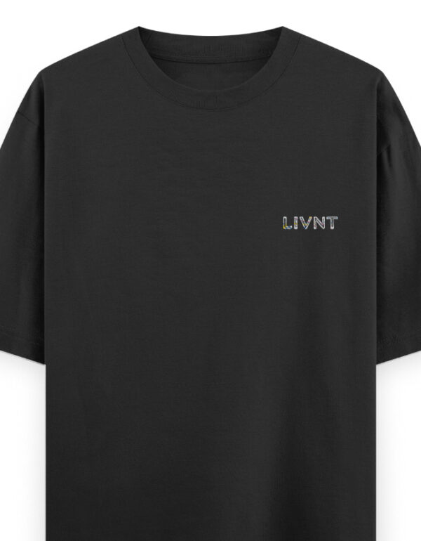 Black T-shirt with small "LIVNT" logo embroidered on the left chest