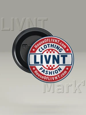 Round LIVNT Mark1 pin-back badge in red, white, and navy with a high-gloss finish, featuring bold vintage design and HouseOfLIVNT branding