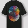 Back view of the black oversized t-shirt featuring colorful dual mosaic wheel design. Made from 240 GSM premium cotton with unisex streetwear fit.