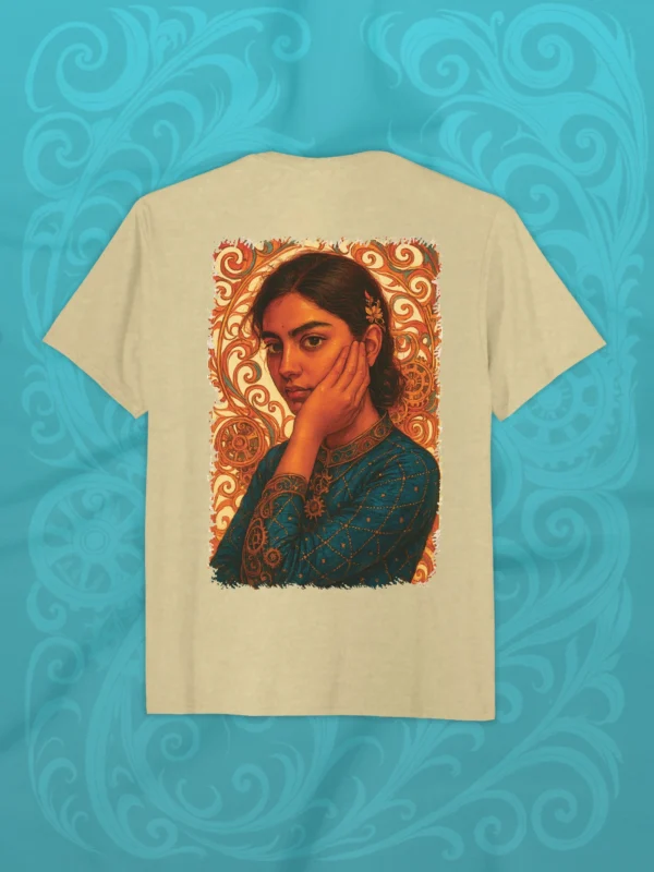 Ornate Unisex Tee in beige with heritage-inspired portrait art – luxury Supima cotton t-shirt by LIVNT