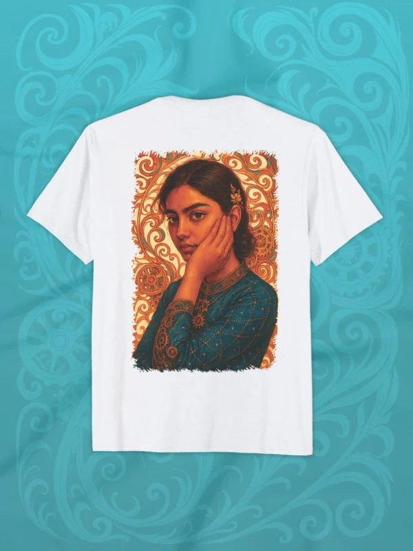 Ornate Unisex Tee in white featuring intricate portrait artwork – luxury Supima cotton by LIVNT