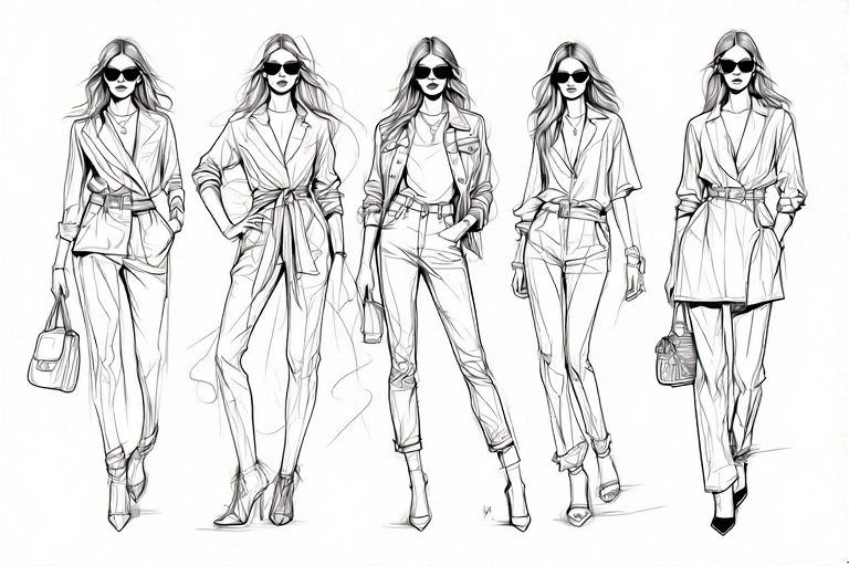 Minimalist Single-Line Fashion Art: Elegant Women Poses in One Continuous Drawing black line drawing of models with diferent five poses