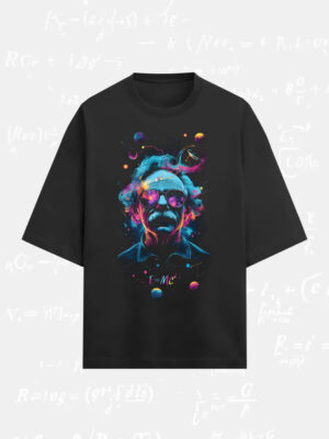 Cosmic Genius Einstein Oversized T-Shirt featuring a vibrant space-themed illustration on black terry-knit fabric