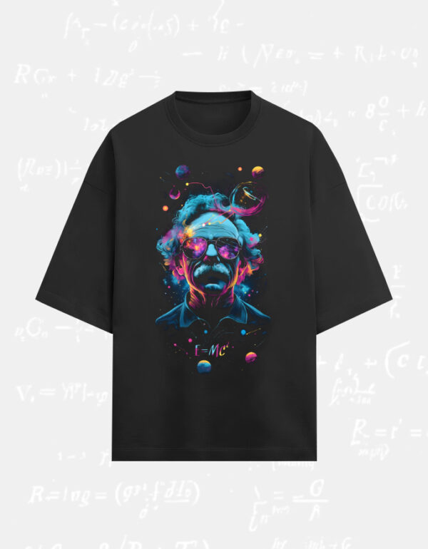 Cosmic Genius Einstein Oversized T-Shirt featuring a vibrant space-themed illustration on black terry-knit fabric
