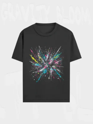 Black cotton T-shirt featuring a vibrant, multicolor abstract explosion print by LIVNT