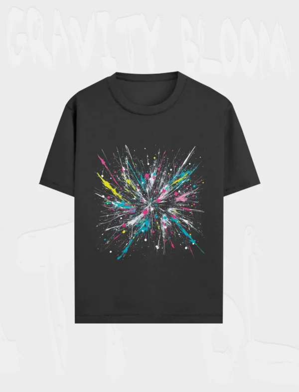 Black cotton T-shirt featuring a vibrant, multicolor abstract explosion print by LIVNT