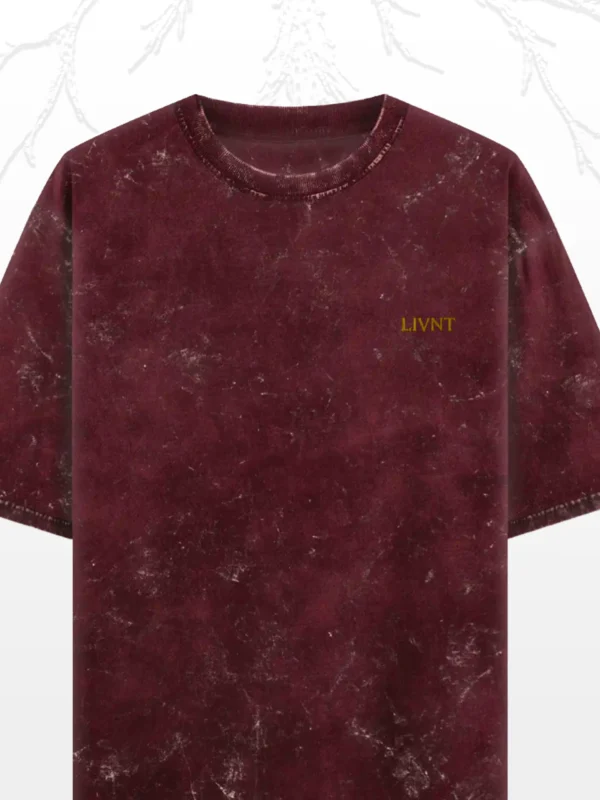 LIVNT Roots maroon acid-washed oversized tee with golden pocket logo – unisex streetwear