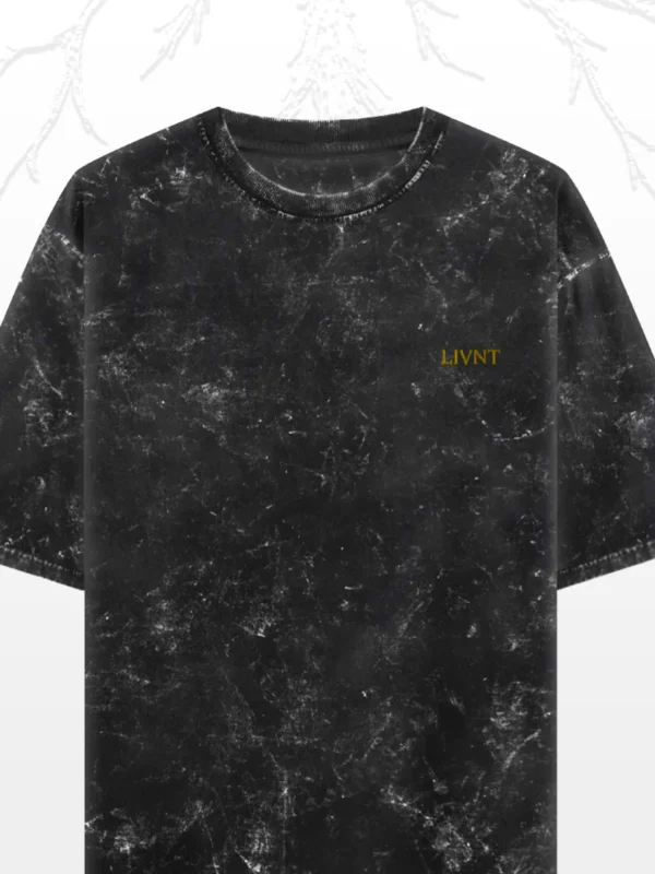 LIVNT Roots black oversized tee with subtle gold pocket logo – acid-washed streetwear