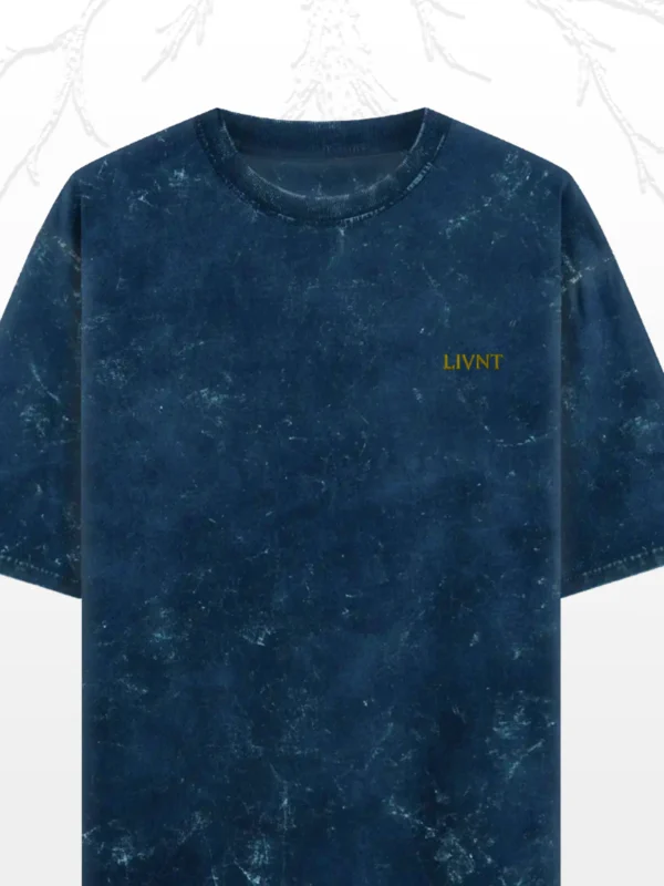 LIVNT Roots navy blue acid wash tee – oversized unisex with golden pocket print