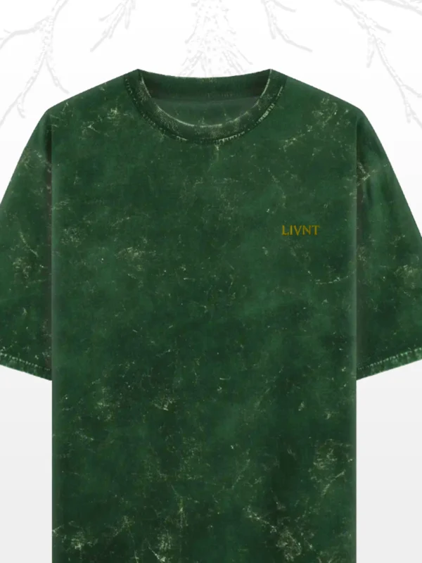 LIVNT Roots bottle green oversized tee with golden pocket branding – acid-washed unisex shirt