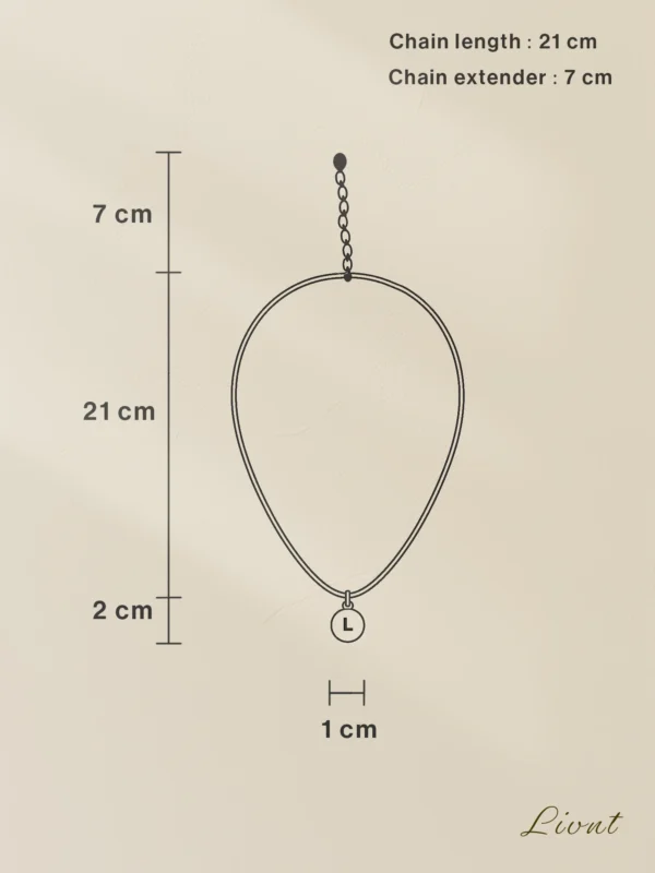 Emerald Glow Necklace size chart with chain length 21 cm, pendant 2 cm and extender 7 cm – LIVNT Jewellery.
