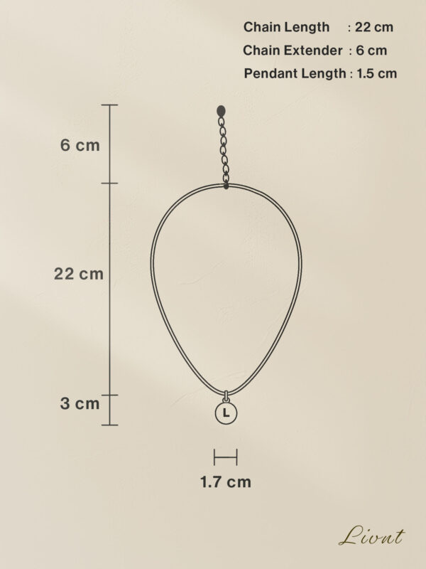 LIVNT Verdant Circle necklace size chart diagram showing chain length 22cm, extender 6cm, and pendant diameter 1.7cm with measurement illustrations