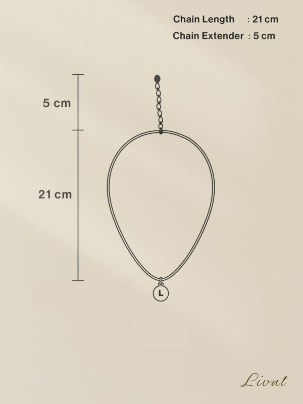 LIVNT Celestial Curve Necklace size chart showing 21 cm chain length with 5 cm extender on beige background