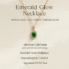 LIVNT Emerald Glow Necklace promotional poster with features – 18K rose gold, anti-tarnish, hypoallergenic, and emerald brilliance.