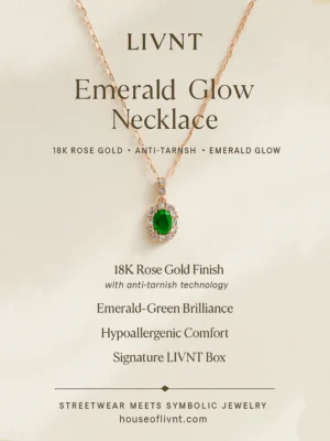 LIVNT Emerald Glow Necklace promotional poster with features – 18K rose gold, anti-tarnish, hypoallergenic, and emerald brilliance.