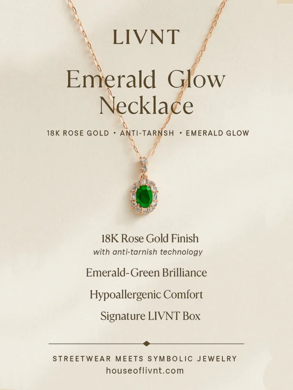 LIVNT Emerald Glow Necklace promotional poster with features – 18K rose gold, anti-tarnish, hypoallergenic, and emerald brilliance.