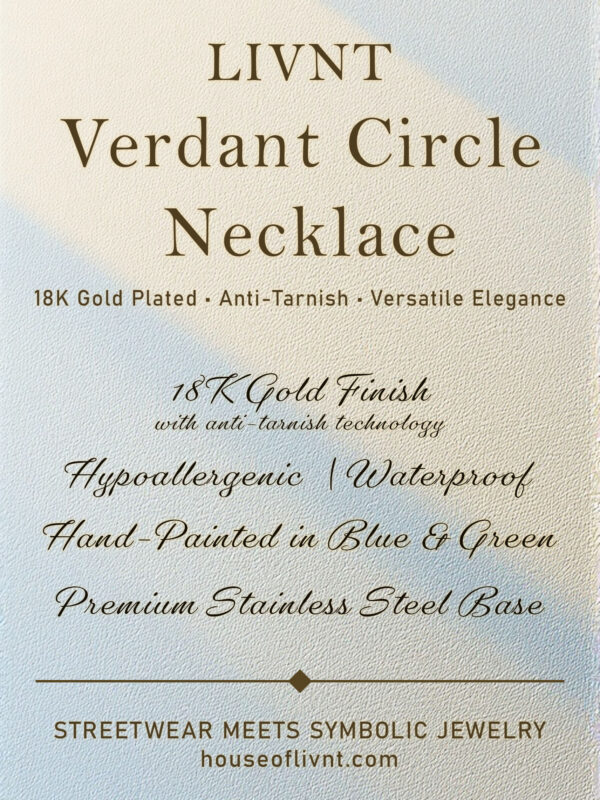 LIVNT Verdant Circle Necklace product marketing poster featuring brand name, product details, and key features on textured background