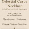 LIVNT Celestial Curve Necklace poster highlighting 18K gold plated anti-tarnish, hypoallergenic, waterproof features on textured background
