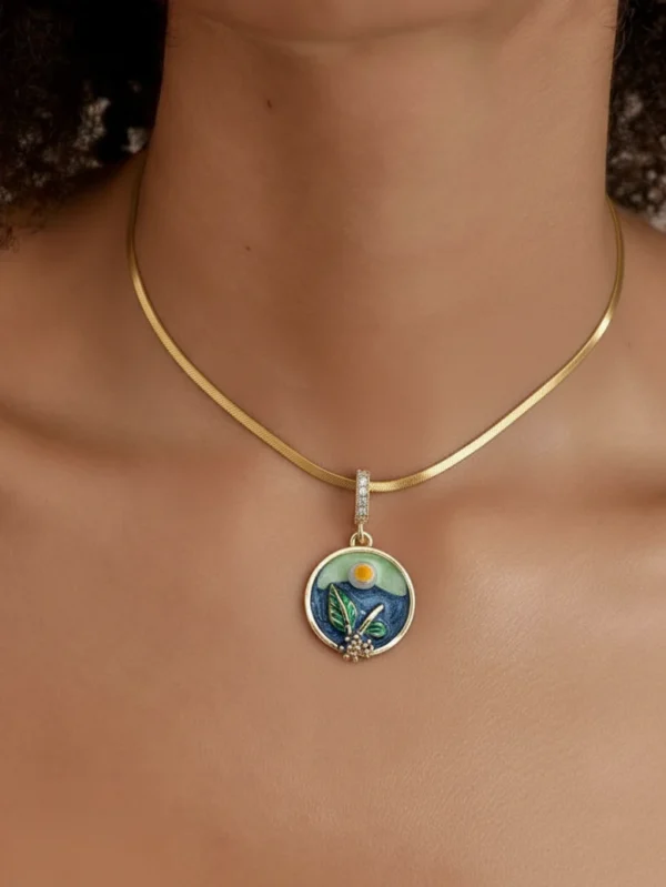 Verdant Circle botanical necklace 18K gold plated with blue green enamel pendant worn on neck model