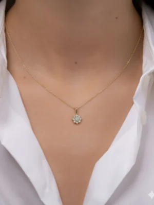 A woman wearing the Zen Bloom waterproof gold necklace with a classic white shirt, showcasing its minimalist style.