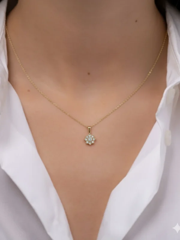 A woman wearing the Zen Bloom waterproof gold necklace with a classic white shirt, showcasing its minimalist style.