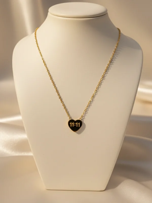 A gold 11:11 Heart Anti-Tarnish Necklace, featuring a heart pendant with '11:11' in black enamel inscription, displayed on an off-white jewelry bust. A draped cream silk background is visible behind.