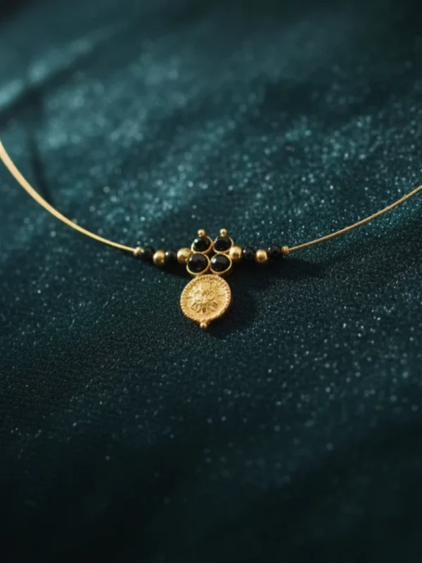 LIVNT's Lakshmi Mangalmaya Invisible Chain with its gold coin pendant elegantly displayed on a rich, dark teal fabric, showcasing its minimalist aesthetic.