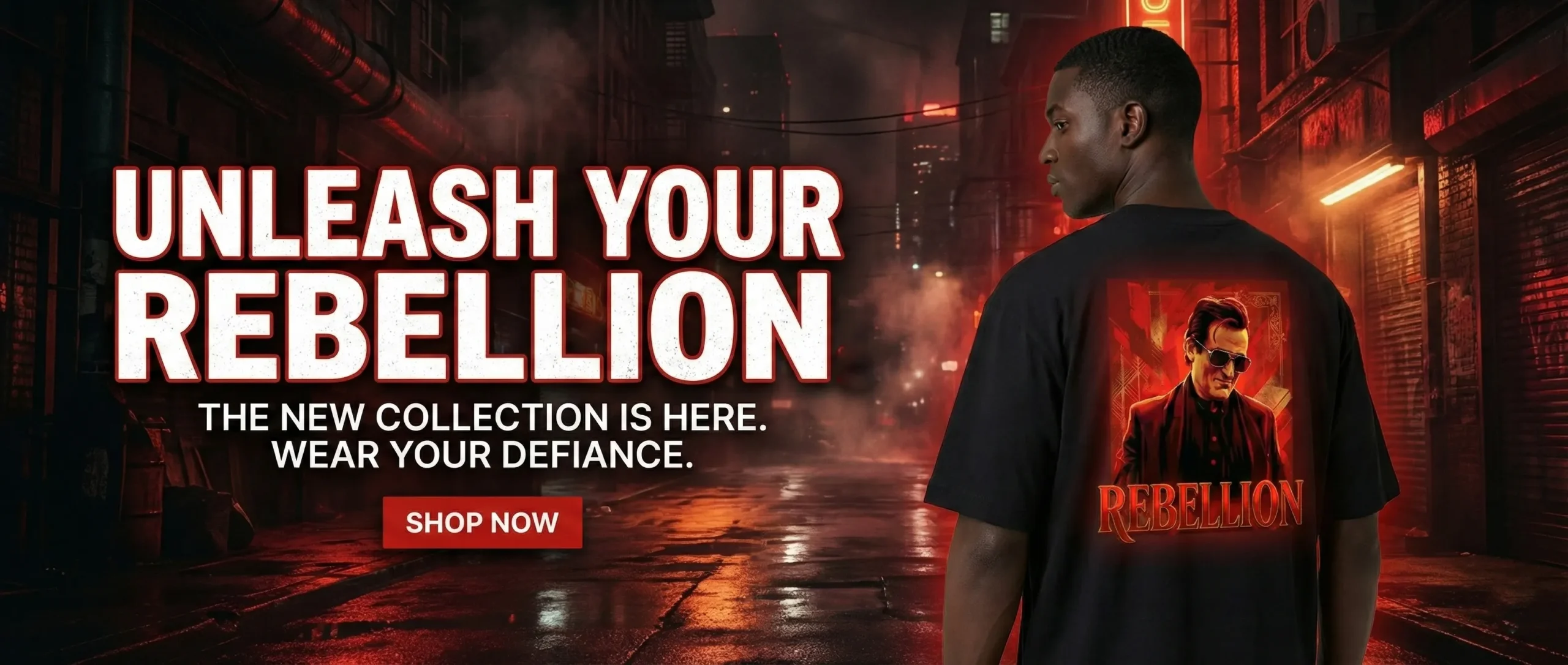 Man wearing a black oversized streetwear t-shirt with a bold red rebellion graphic on the back, standing in a neon-lit urban alley at night, representing premium rebellious fashion and modern streetwear style.