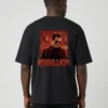 Man wearing Akshaye Khanna Dhurandhar inspired rebellion oversized black t-shirt with back print artwork made from 240 GSM cotton