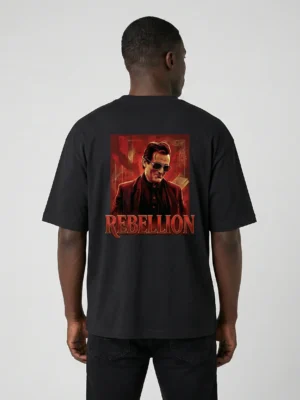 Man wearing Akshaye Khanna Dhurandhar inspired rebellion oversized black t-shirt with back print artwork made from 240 GSM cotton