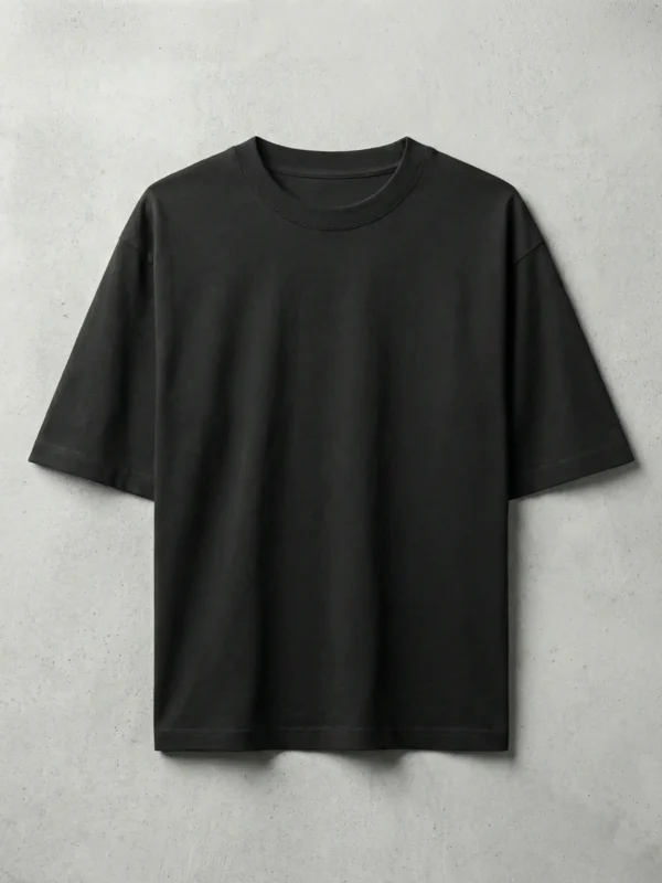 Plain front view of Akshaye Khanna Dhurandhar inspired oversized black t-shirt made from 240 GSM heavyweight cotton with clean minimal design