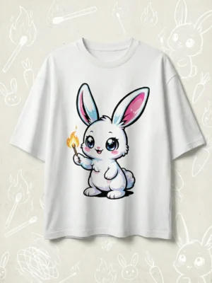 Flat lay of white oversized t-shirt with cute cartoon rabbit holding a matchstick graphic, 240 GSM cotton texture visible.