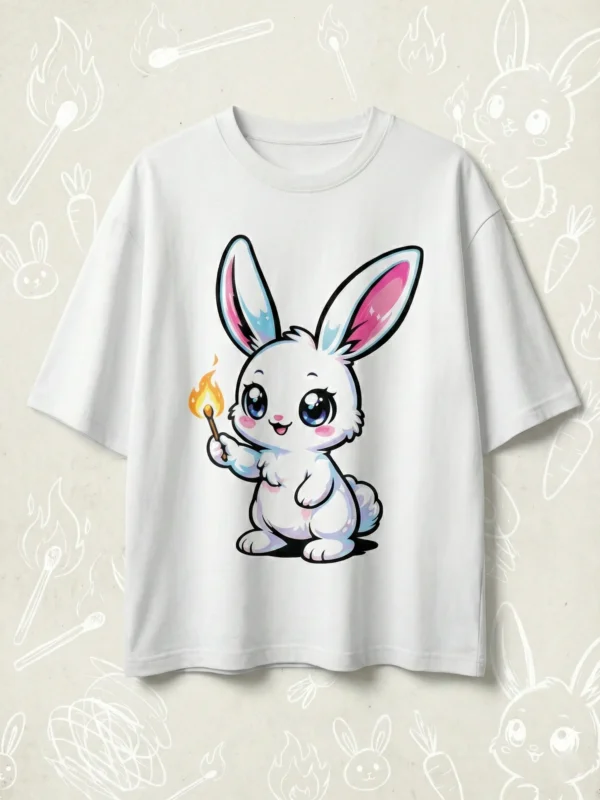 Flat lay of white oversized t-shirt with cute cartoon rabbit holding a matchstick graphic, 240 GSM cotton texture visible.