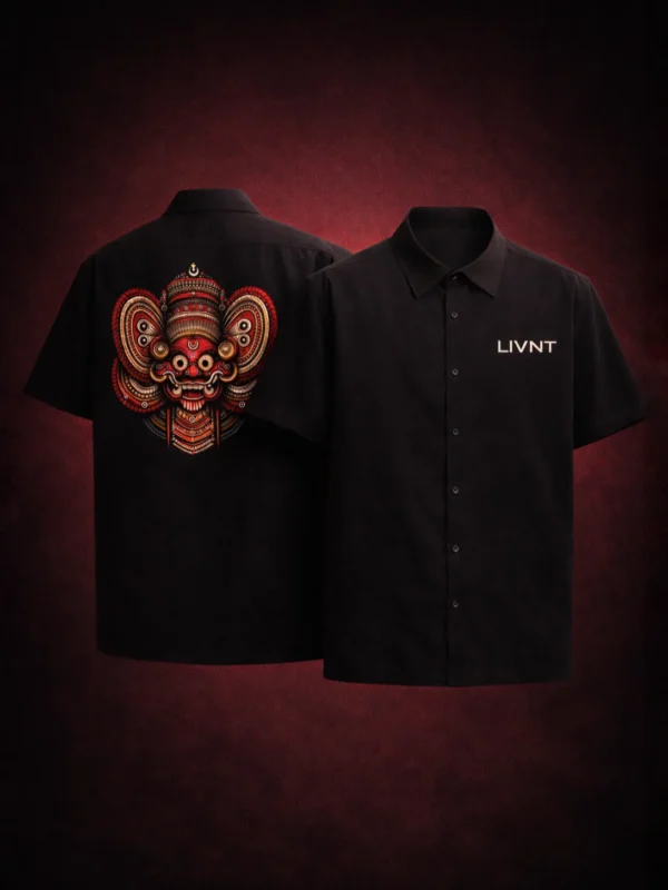 LIVNT Chathan Theyyam black oversized cotton shirt flat lay