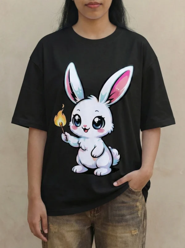 Model wearing LIVNT Spark Bunny black oversized t-shirt tucked into brown vintage pants.